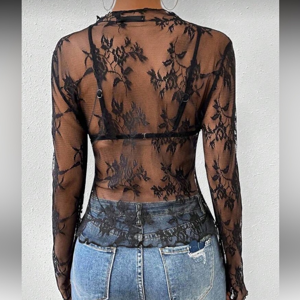 Completely Sheer floral lace long sleeve tee black lettuce trim edge mockneck - Picture 3 of 8